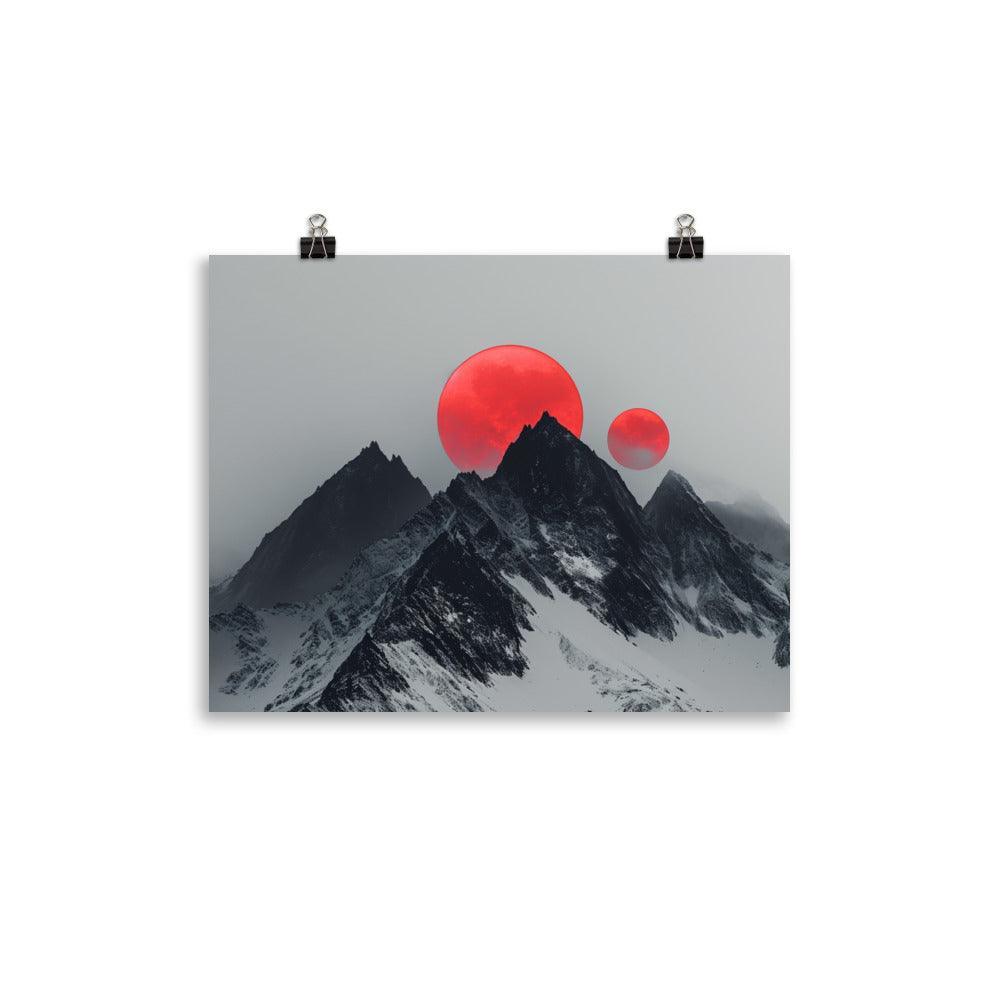 Extraterrestrial Red Moons Over Snowy Mountains Surreal Art Poster - Oh Posters
