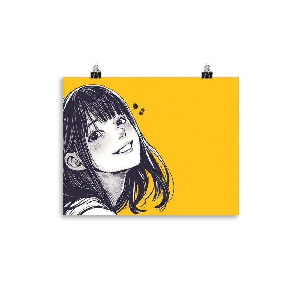 Cheerful Manga Girl Monochrome Portrait Yellow Background Poster - Oh Posters