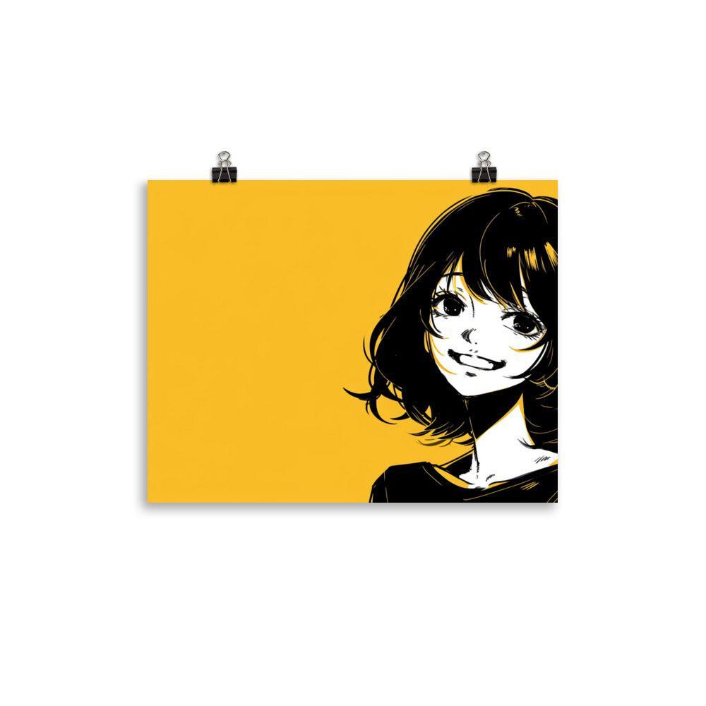 Japanese Manga Style Girl with Bob Cut Smiling Yellow Background Poster - Oh Posters