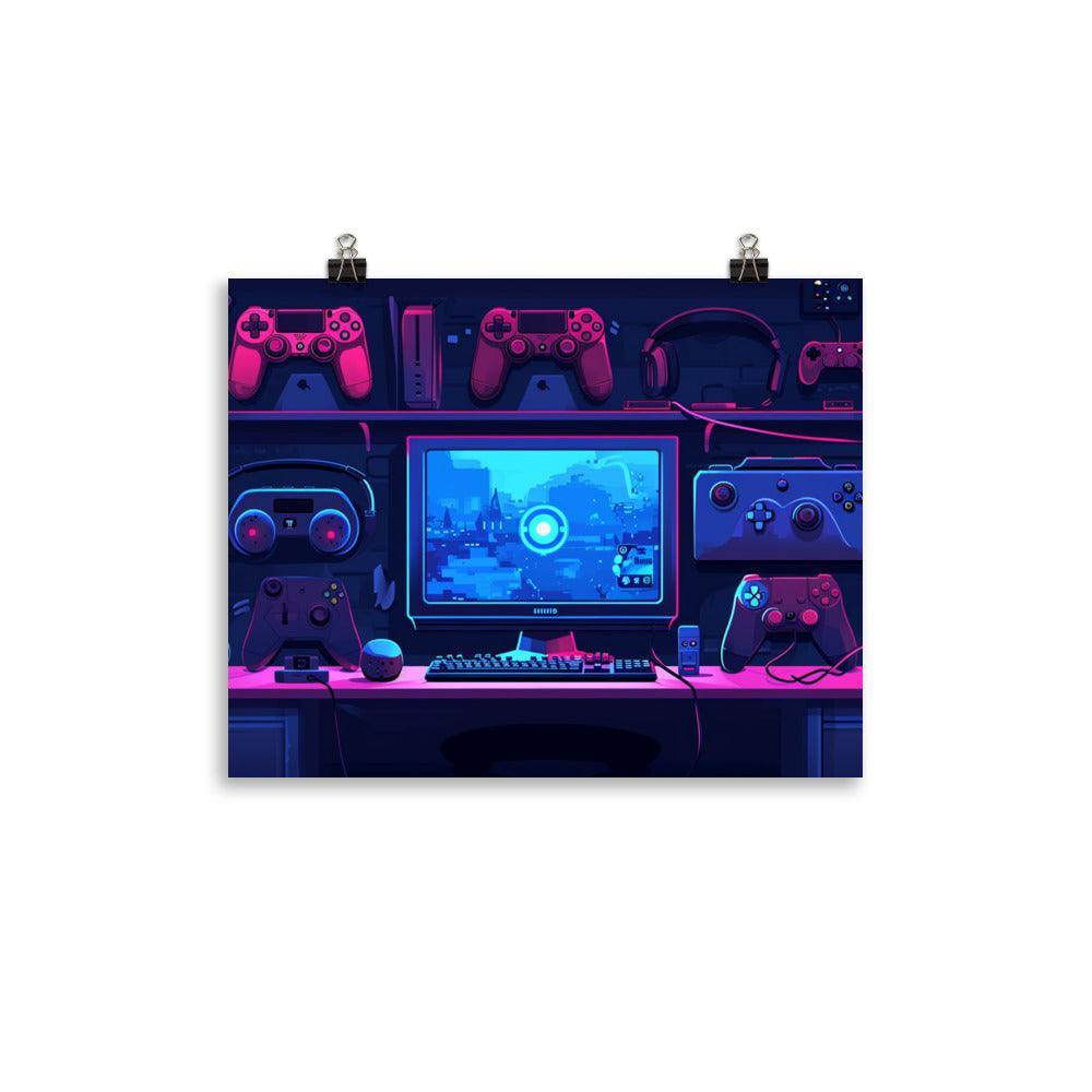 Gaming Setup Neon Glow Digital Art Poster - Oh Posters