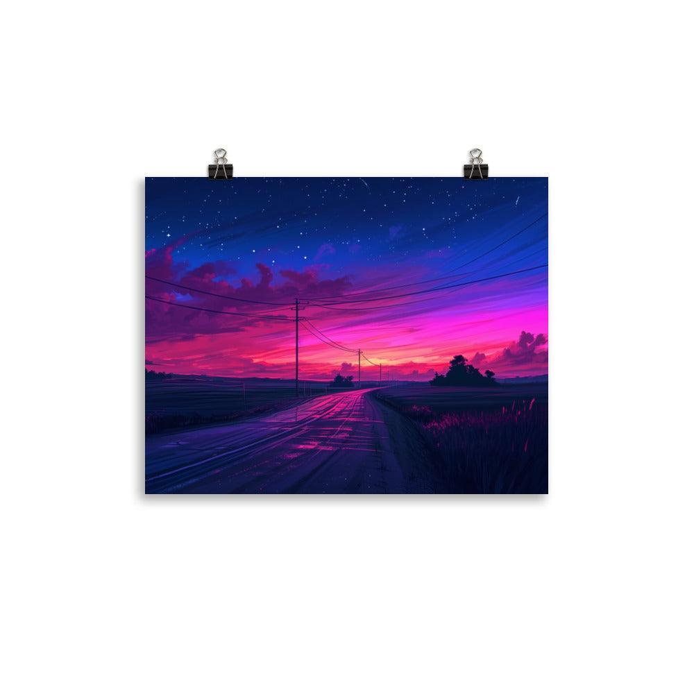 Dusk Road with Electricity Poles Vivid Digital Poster - Oh Posters