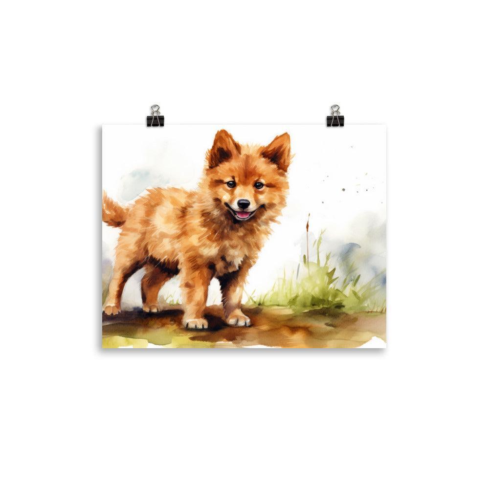 Finnish Spitz Puppy Playful Watercolor Art Poster - Oh Posters