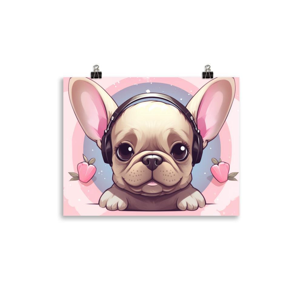 Fawn French Bulldog with Headphones Cute Pink Poster - Oh Posters