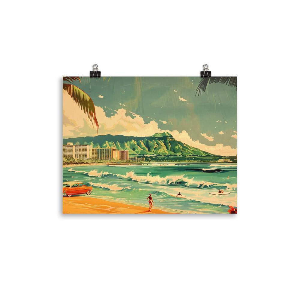 Classic Surfing Waikiki Retro Car Beach Scene Poster - Oh Posters