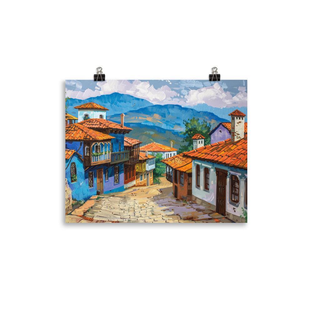 Bulgarian Village Blue Houses Oil Painting Poster - Oh Posters