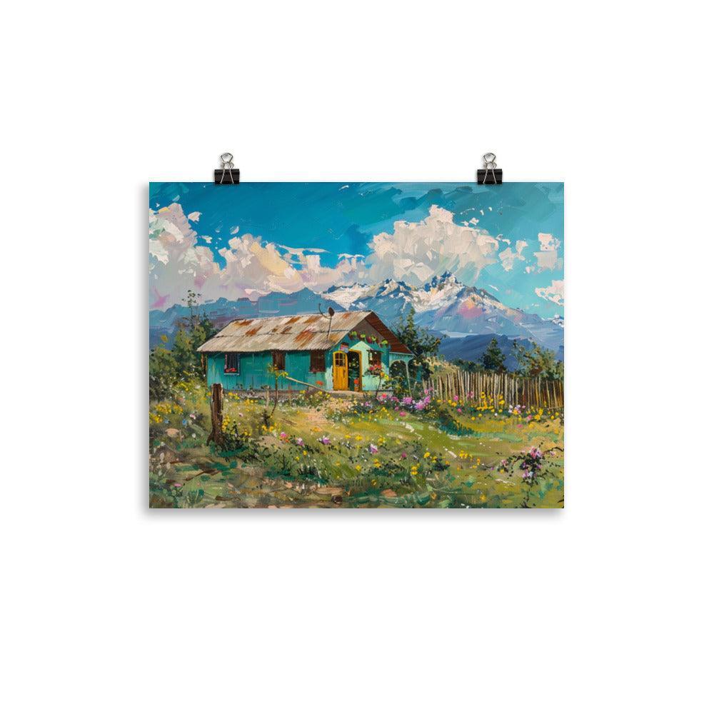 Chile Scenic Mountain Landscape with Colorful Cabin Oil Painting Poster - Oh Posters