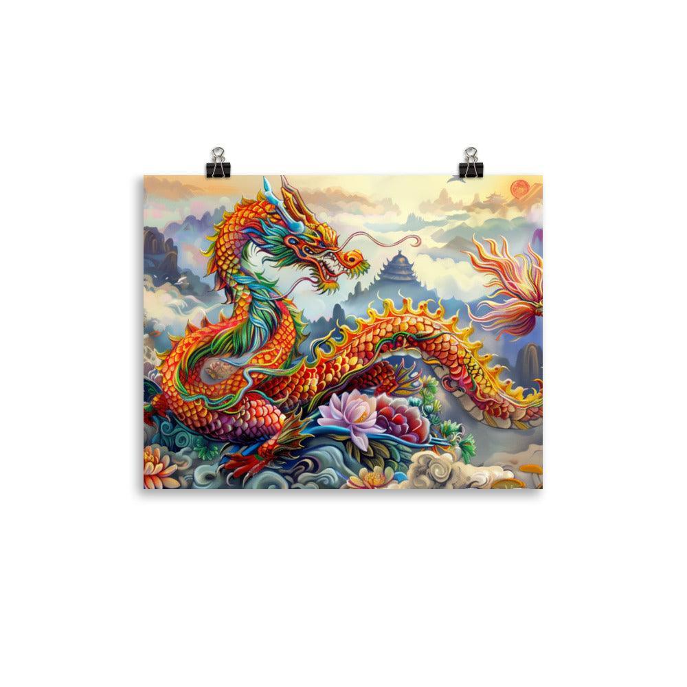 China Vibrant Dragon and Floral Fantasy Art Poster - Oh Posters