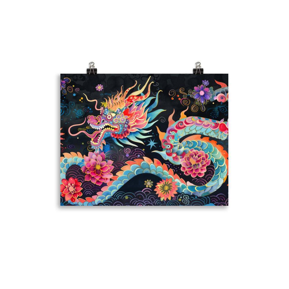 China Mythical Dragon and Night Blossoms Poster - Oh Posters