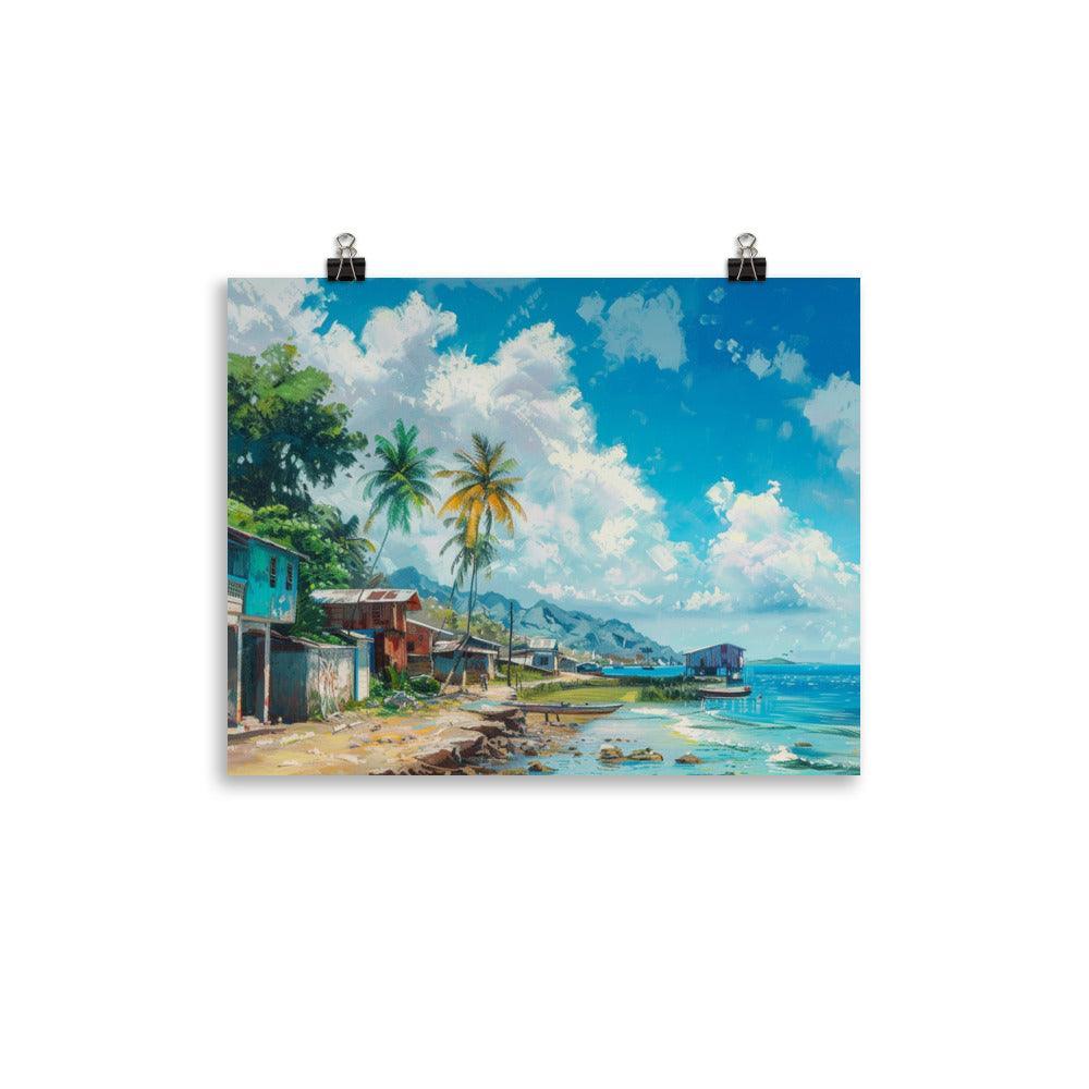 Comoros Seaside Village with Boats Scenic Artwork Poster - Oh Posters