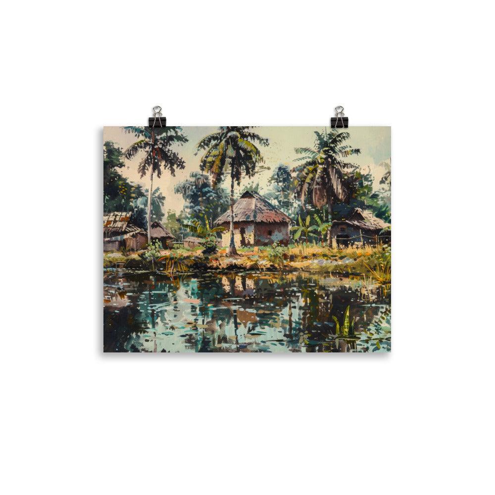 Côte d’Ivoire Riverside Village Tropical Painting Poster - Oh Posters