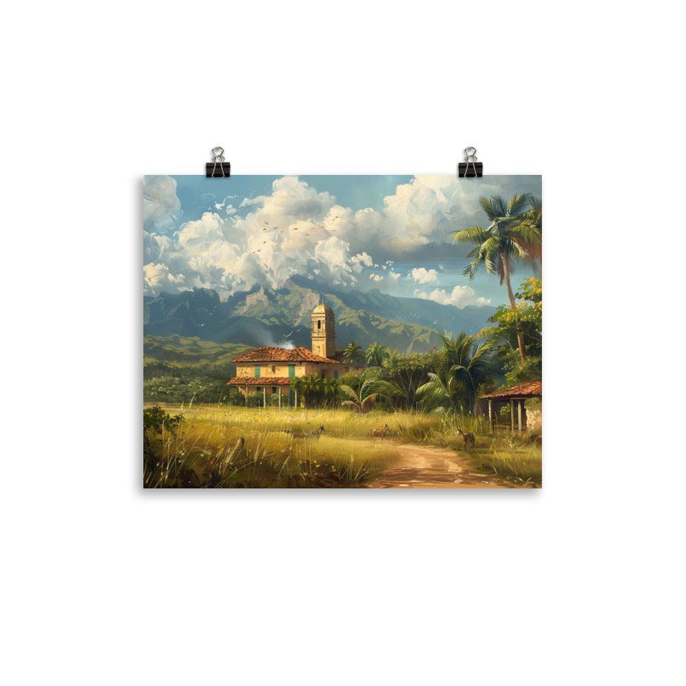 Cuba Rural Landscape with Church and Mountains Painting Poster - Oh Posters