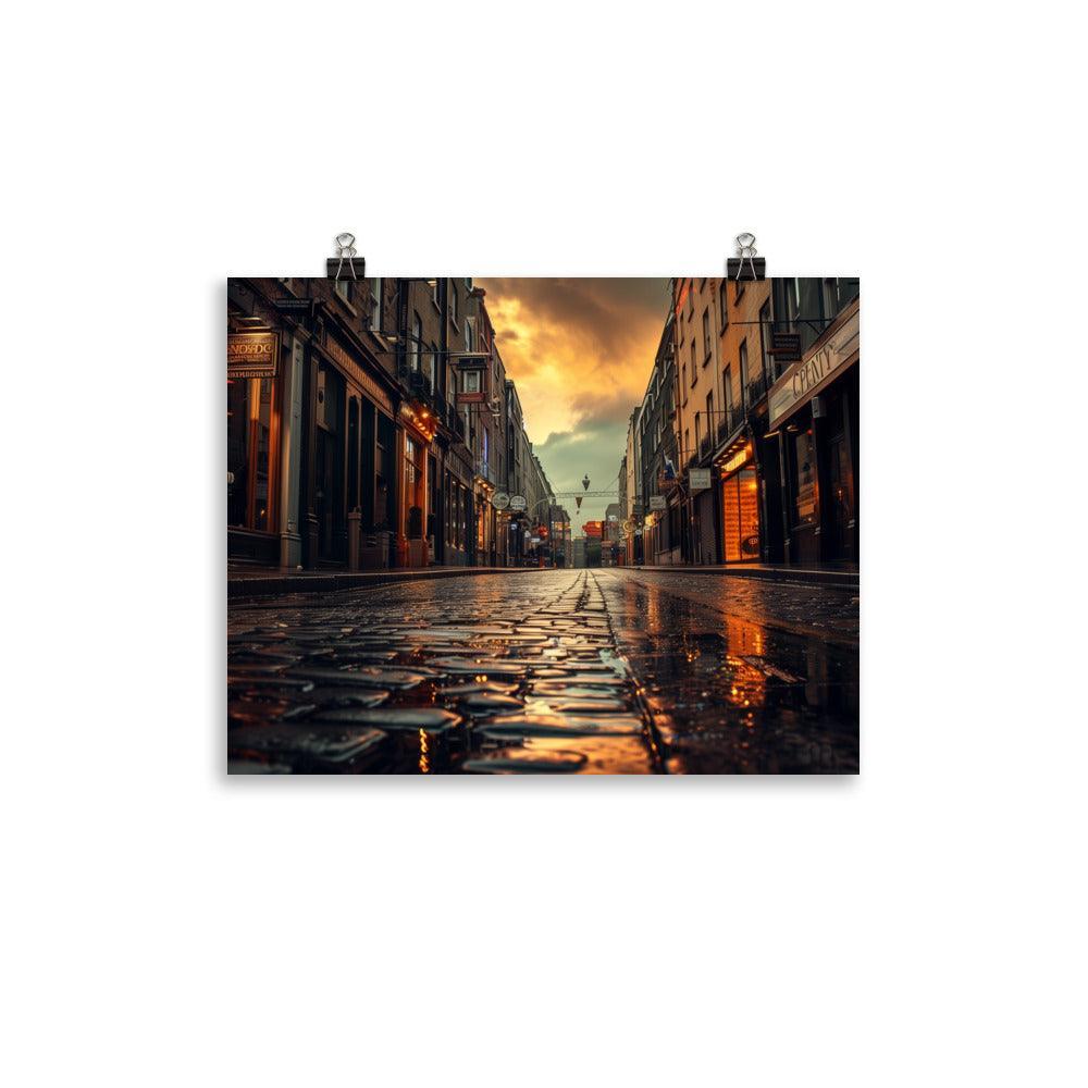 Ireland Rainy Cobblestone Street Evening Poster - Oh Posters