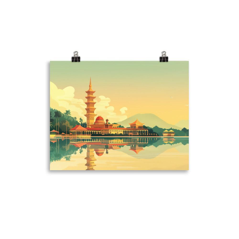 Malaysia Tranquil Pagoda Lakeside Reflection Poster - Oh Posters