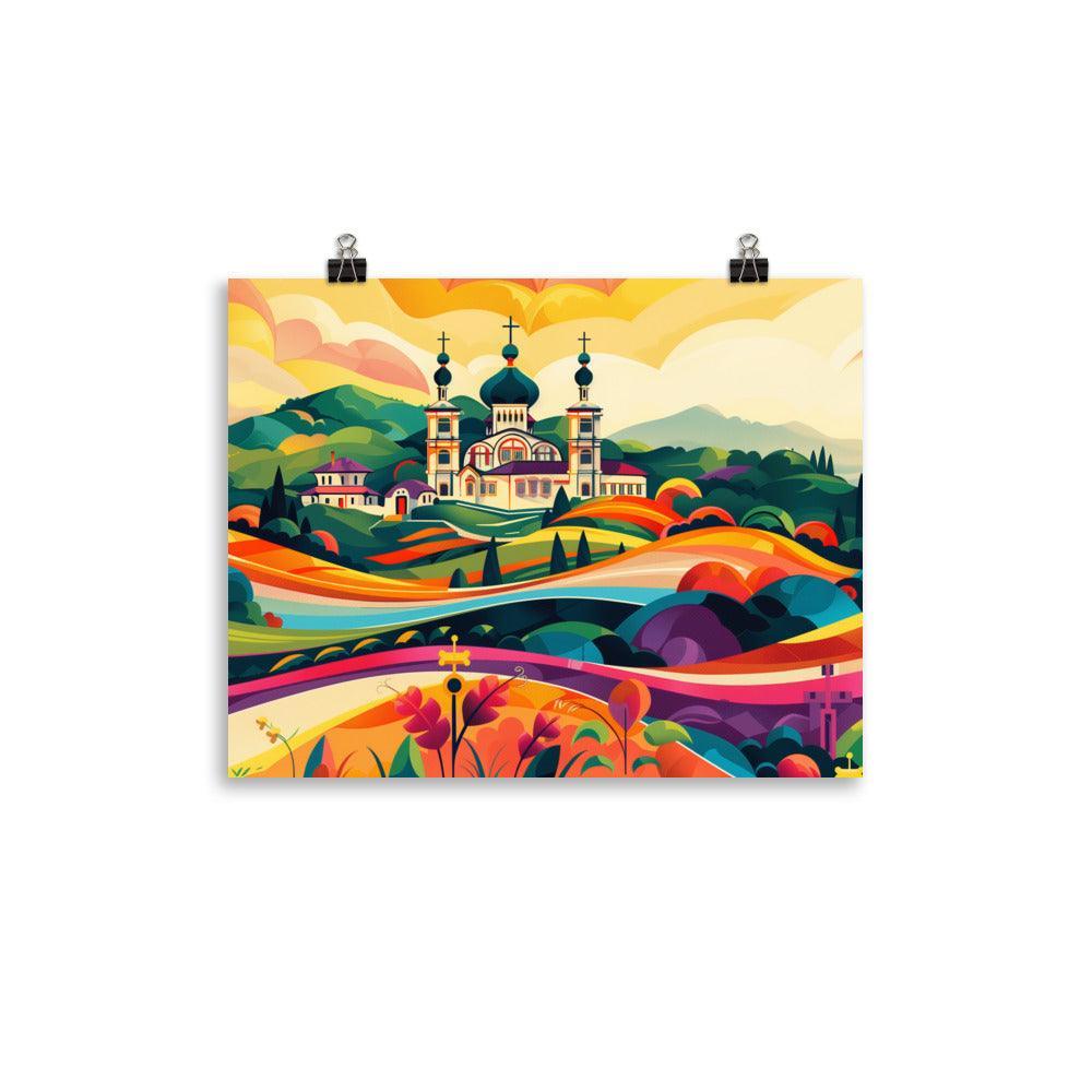 Moldova Colorful Rolling Hills with Orthodox Church Poster - Oh Posters