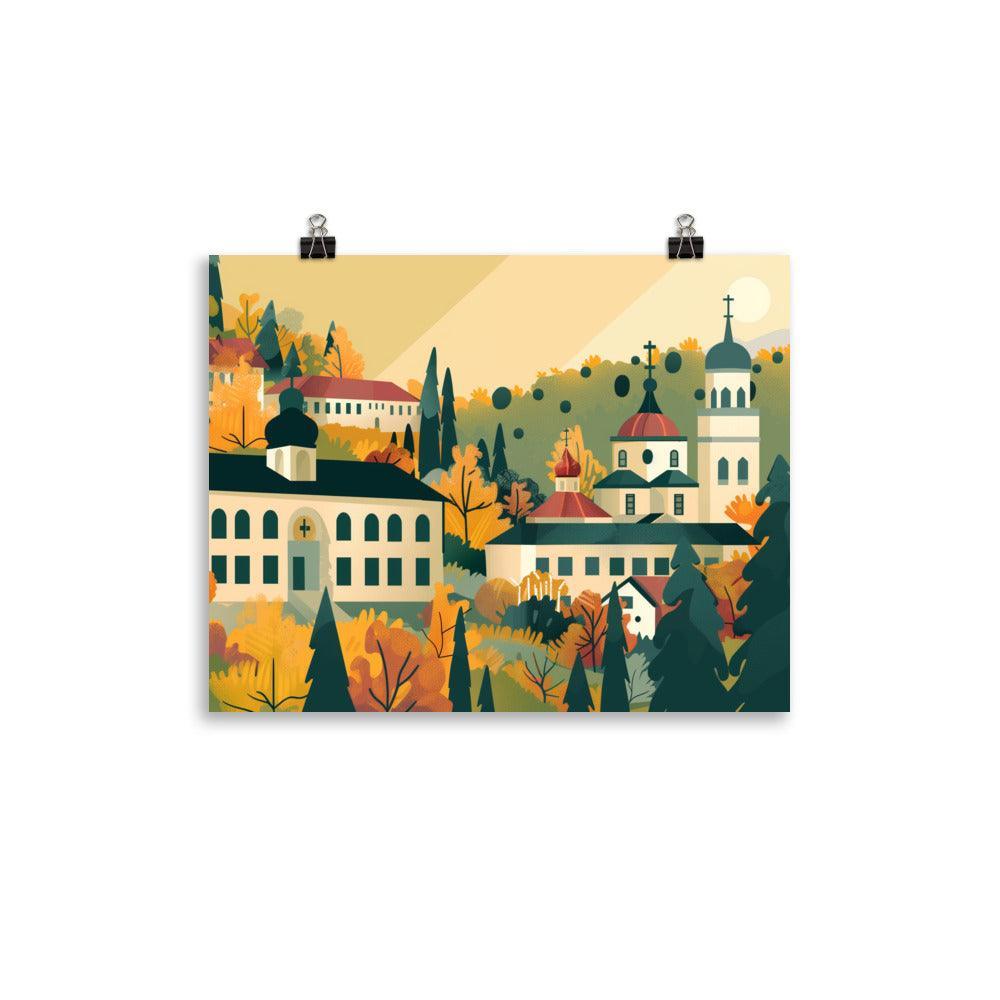 Moldova Serene Monastery in Lush Autumn Forest Poster - Oh Posters