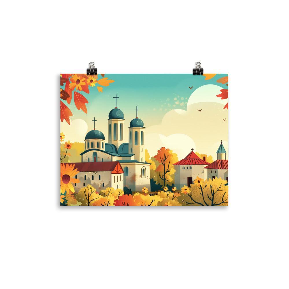 Moldova Tranquil Orthodox Church in Flowering Countryside Poster - Oh Posters