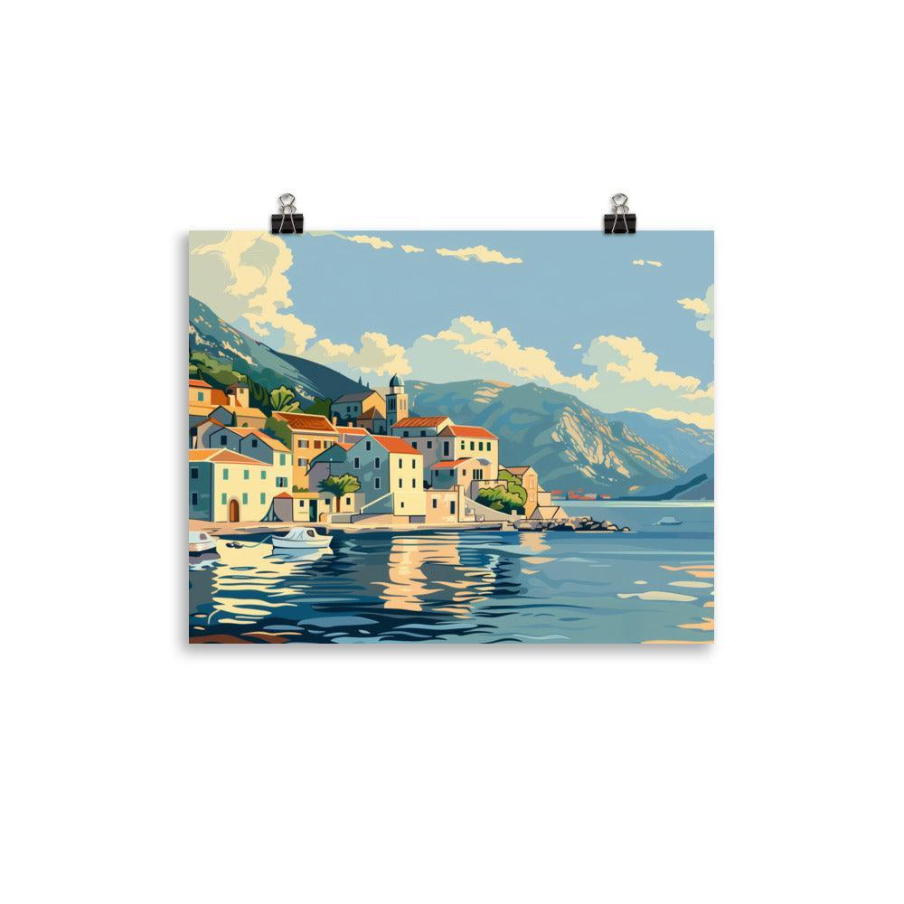 Montenegro Seaside Village Boats Mountain View Poster - Oh Posters