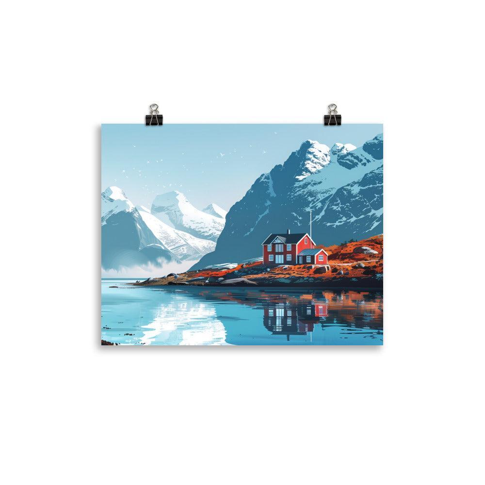 Norway Fjordside Cottage in Snowy Mountains Poster - Oh Posters