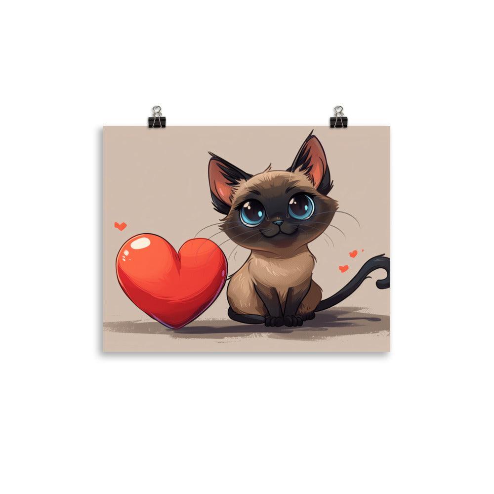 Cute Siamese Cat Cartoon Love Heart Illustration Poster - Oh Posters