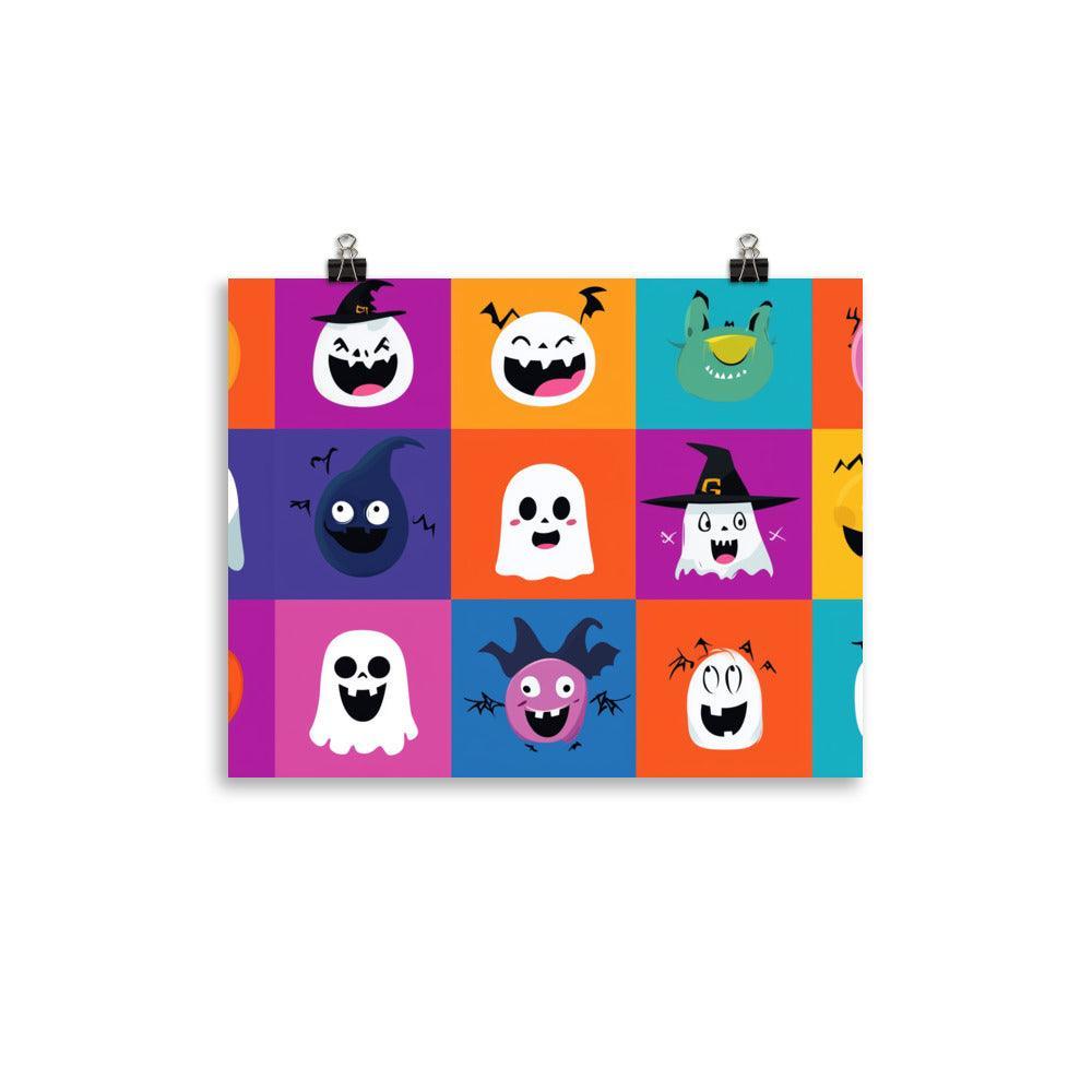 Halloween Cartoon Character Faces with Colorful Backgrounds Poster - Oh Posters