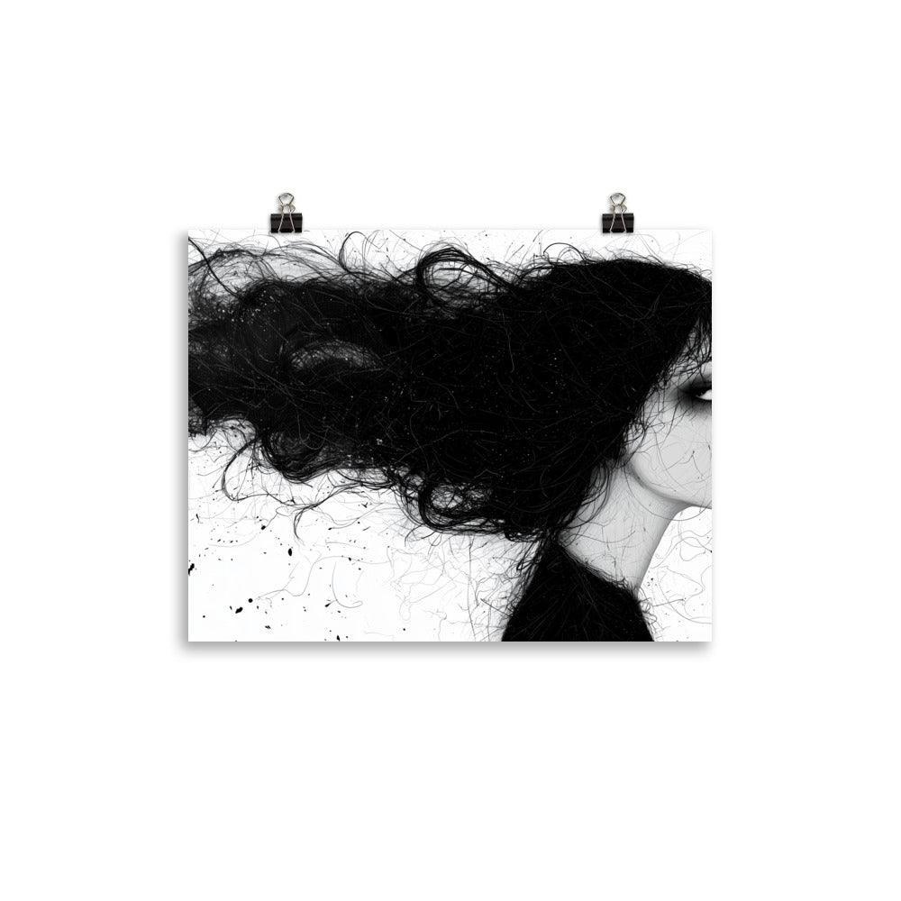 Female Silhouette with Dramatic Hair Flow Black and White Sketch Poster - Oh Posters