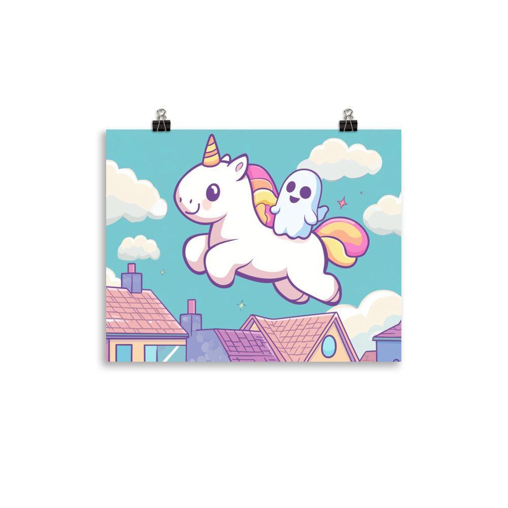 Kawaii Unicorn and Ghost Floating Above Colorful Town Digital Art Poster - Oh Posters
