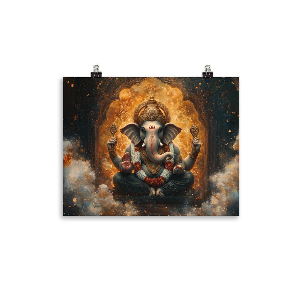 Ganesh in a Golden Temple with Flames Ethereal Artwork Poster - Oh Posters