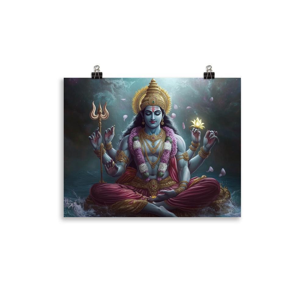Meditative Vishnu with Trident and Lotus Divine Cosmic Illustration Poster - Oh Posters