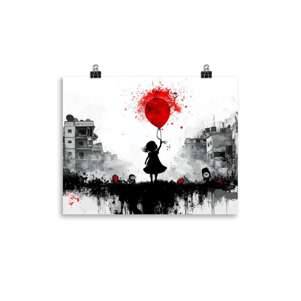 Girl with Red Balloon Amidst Urban Destruction Palestine Poster - Oh Posters