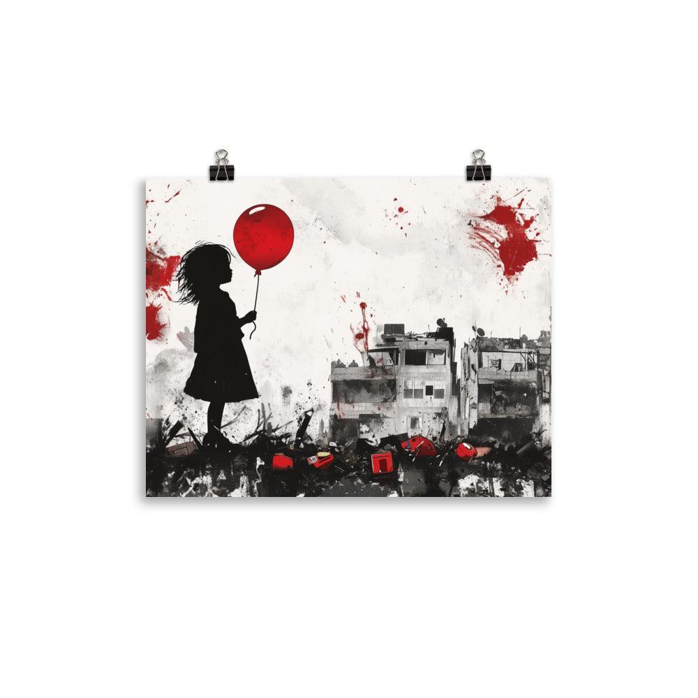 Child Holding Balloon Amidst Rubble Palestine Poster - Oh Posters