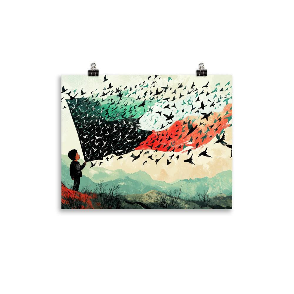 Child Holding Palestinian Flag Birds Flying Illustration Poster - Oh Posters