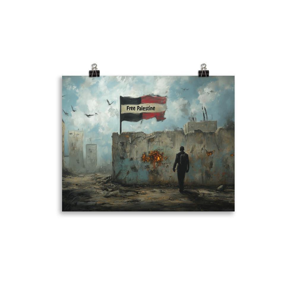 Free Palestine Flag in War-Torn Cityscape Poster - Oh Posters