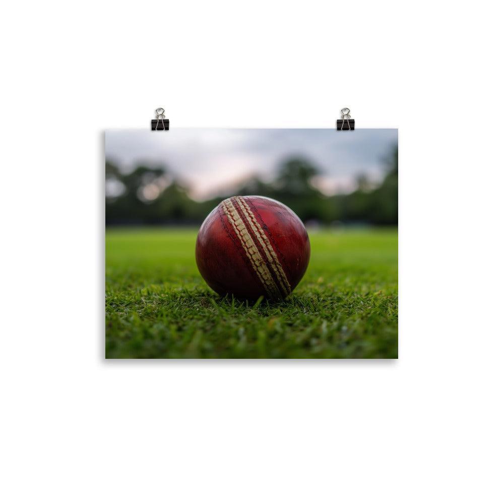 Close-Up Cricket Ball on Green Grass Field Poster - Oh Posters