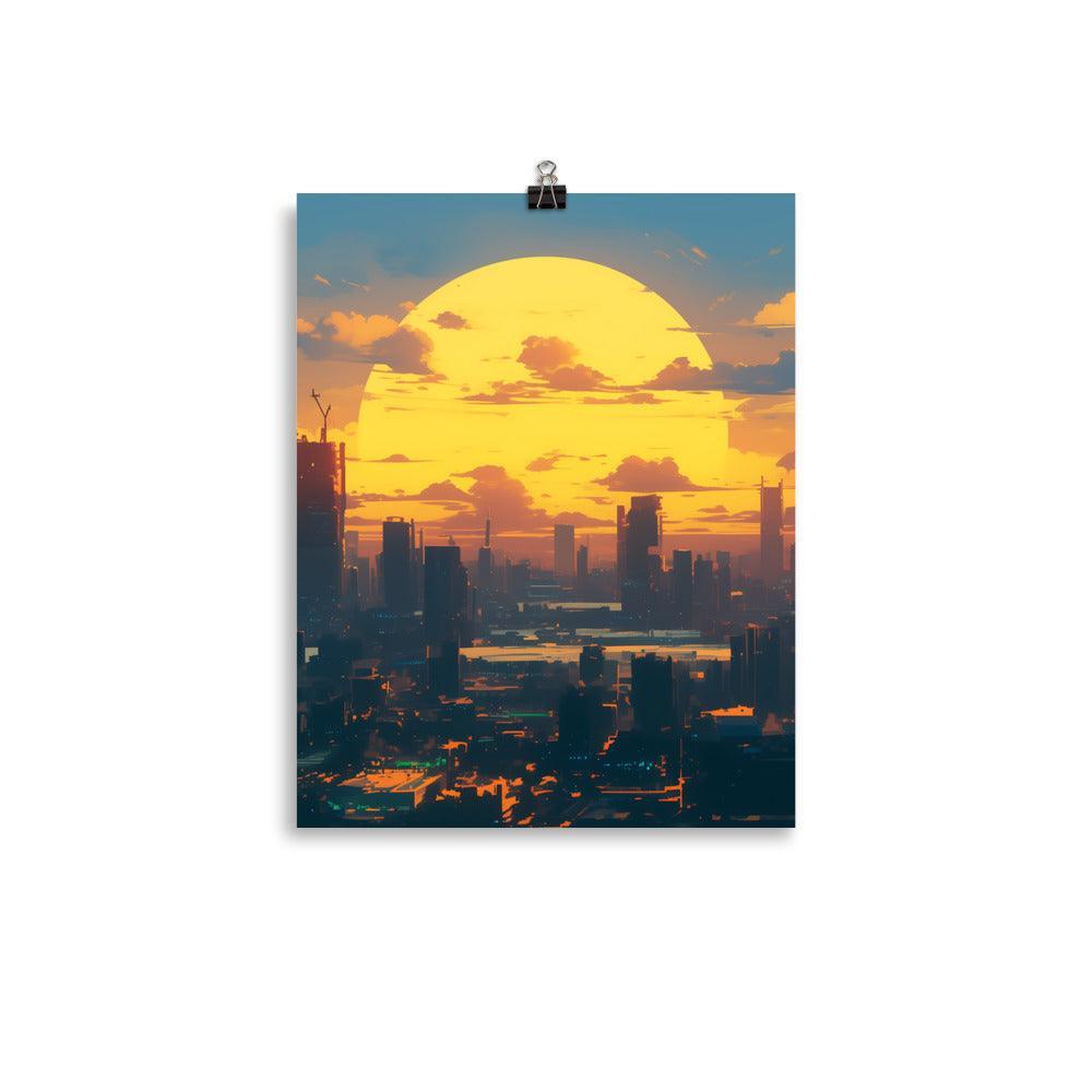 Futuristic Cityscape at Sunrise with Giant Sun and Towering Skyscrapers Digital Art Poster - Oh Posters