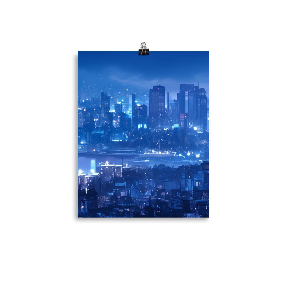 Futuristic Blue Cityscape with Neon Signs and Modern Architecture Art Poster - Oh Posters