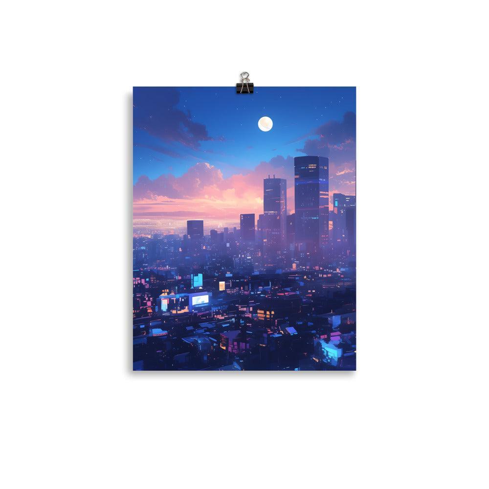 Illuminated City Skyline at Twilight with Full Moon and Vibrant Colors Art Poster - Oh Posters