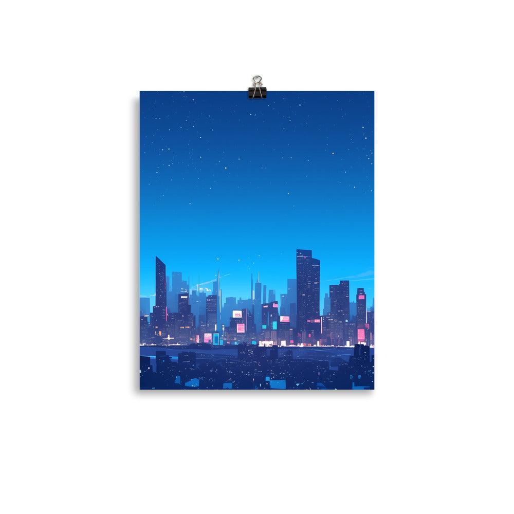 Bright City Skyline with Stars and Reflections Clean Digital Illustration Poster - Oh Posters