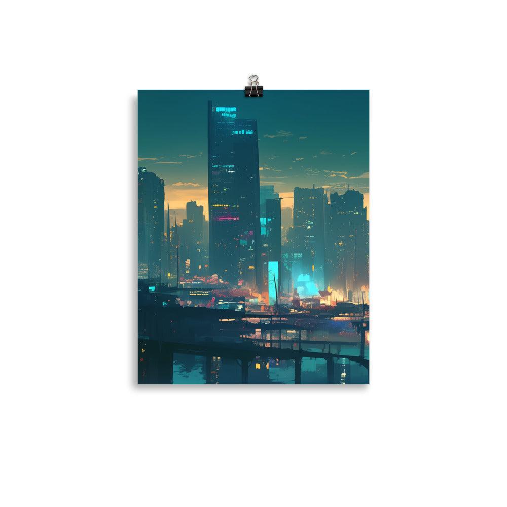 Evening Skyline with Skyscrapers and Warm Glow Futuristic Digital Art Poster - Oh Posters