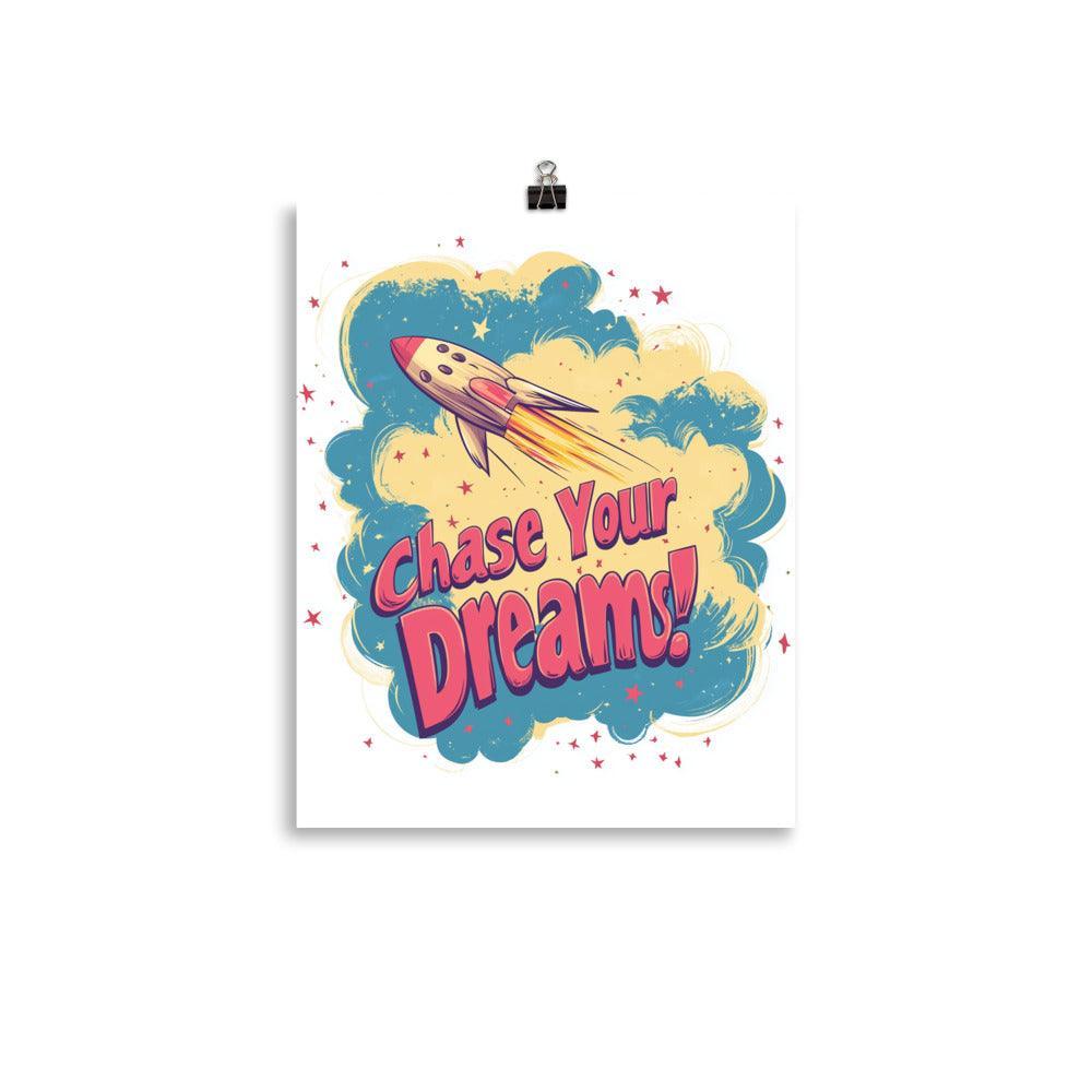 Chase Your Dreams Retro Rocket Design with Stars and Clouds Poster - Oh Posters