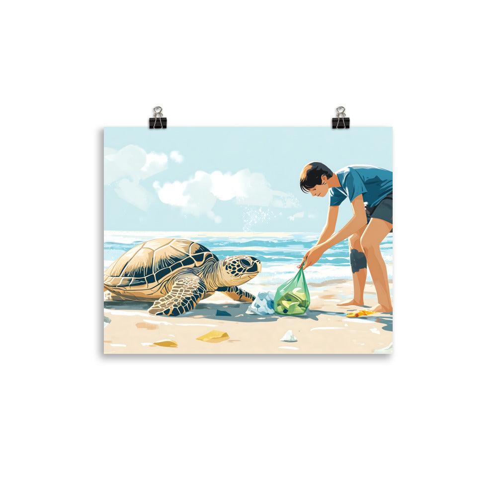 Beach Cleanup Turtle Teamwork Protecting Ocean Wildlife Together Poster - Oh Posters
