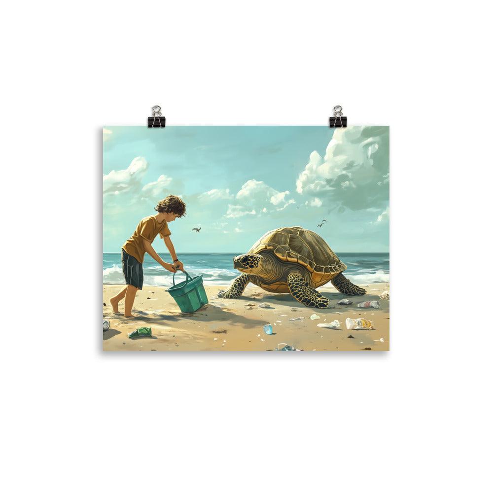Beach Cleanup Turtle and Kid Inspiring Coastal Conservation Art Poster - Oh Posters