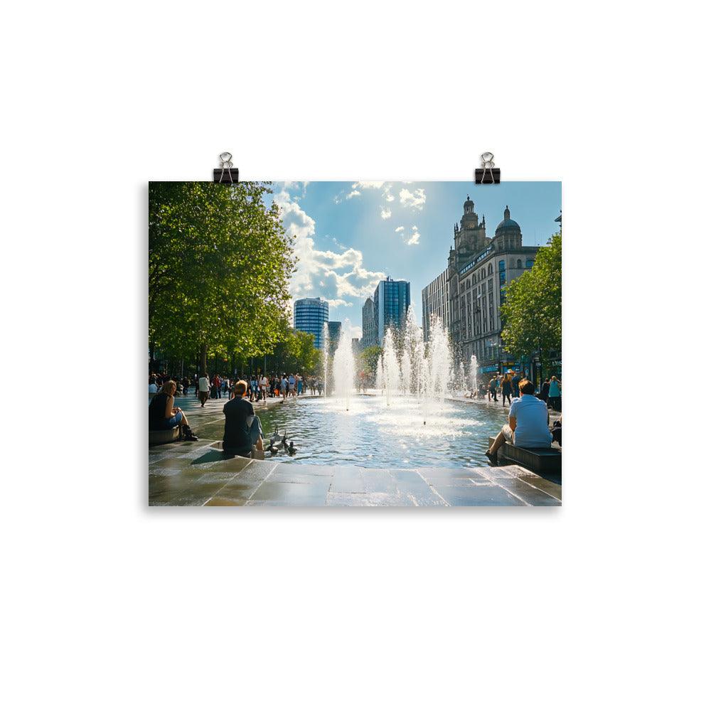 Manchester Skyline Urban Relaxation with Fountain and City Vibes Poster - Oh Posters