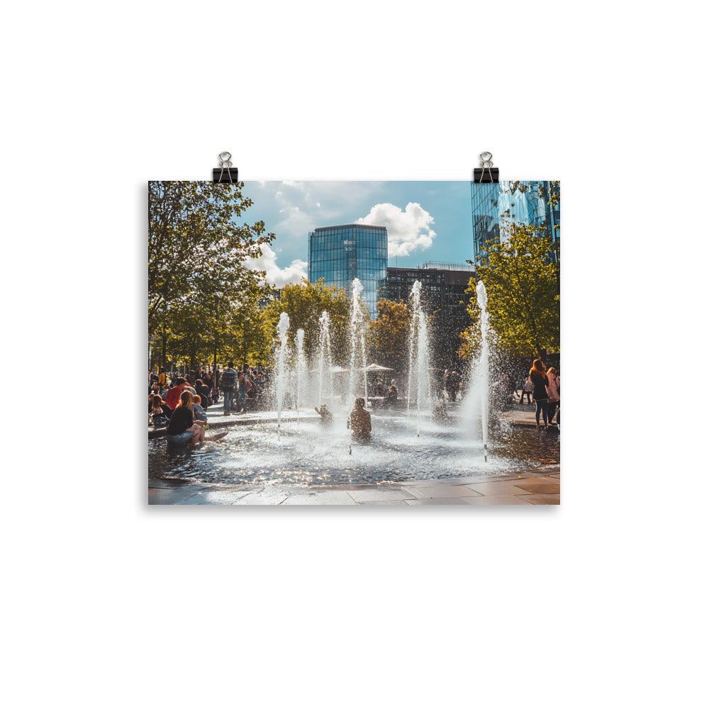 Vibrant Manchester Cityscape with Fountains and Urban Charm Poster - Oh Posters