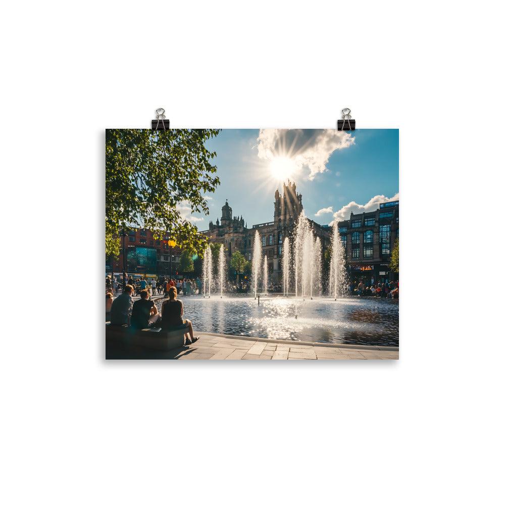Manchester Cityscape Sunlit Fountains Afternoon Poster - Oh Posters