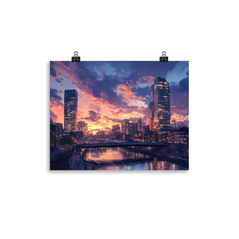 Manchester Skyline at Sunset Reflection Over River Urban Cityscape Poster - Oh Posters