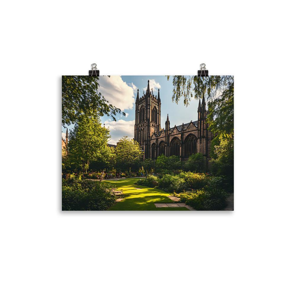 Manchester Cathedral Tranquil Garden View in Warm Sunlight Poster - Oh Posters