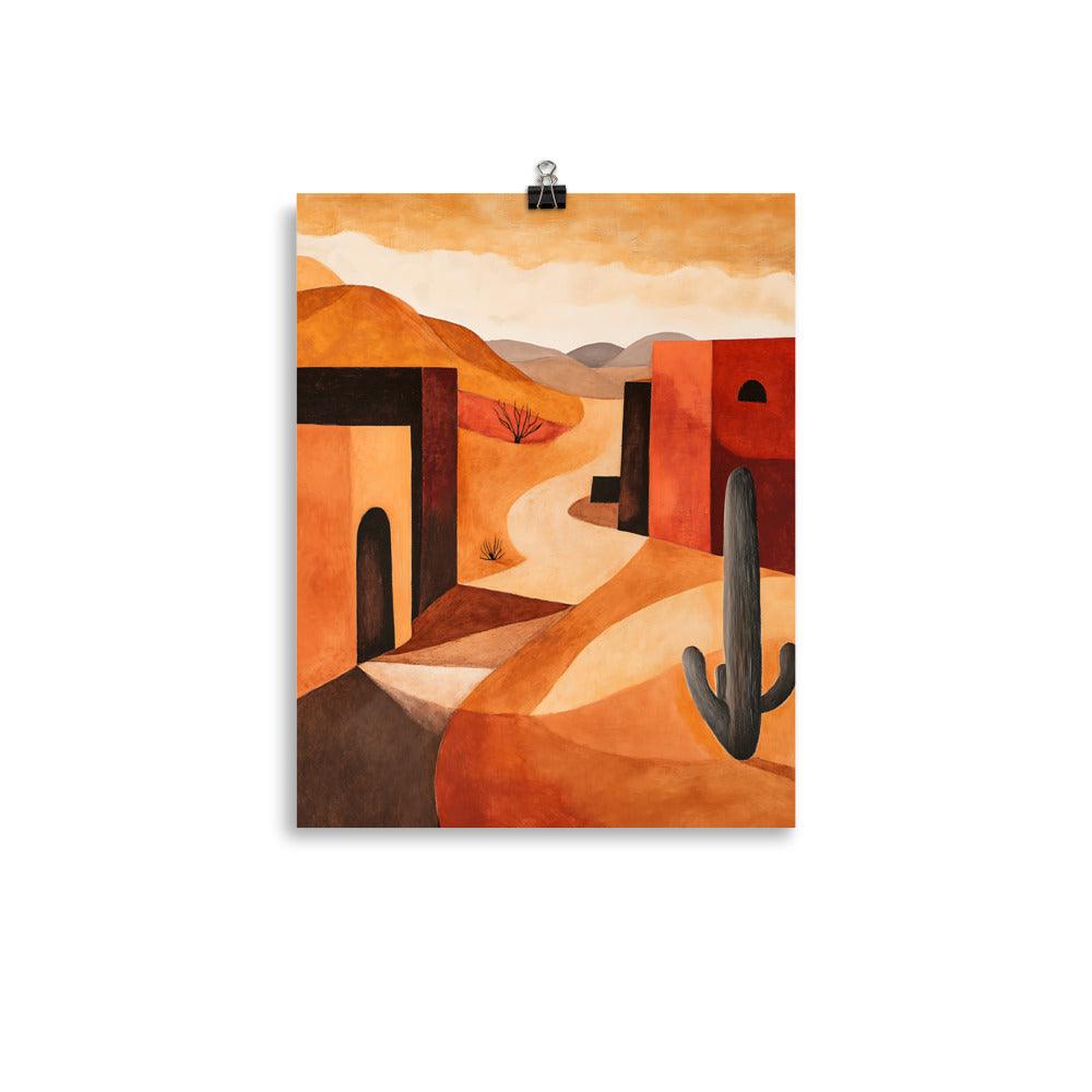 Boho Desert Landscape with Cactus and Adobe Houses Poster - Oh Posters