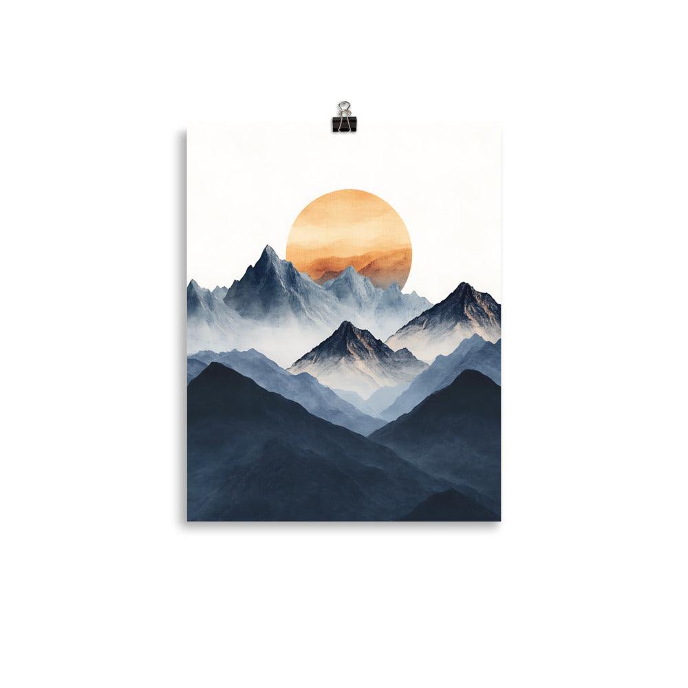 Boho Mountain Sunrise with Serene Peaks and Warm Sun Poster - Oh Posters