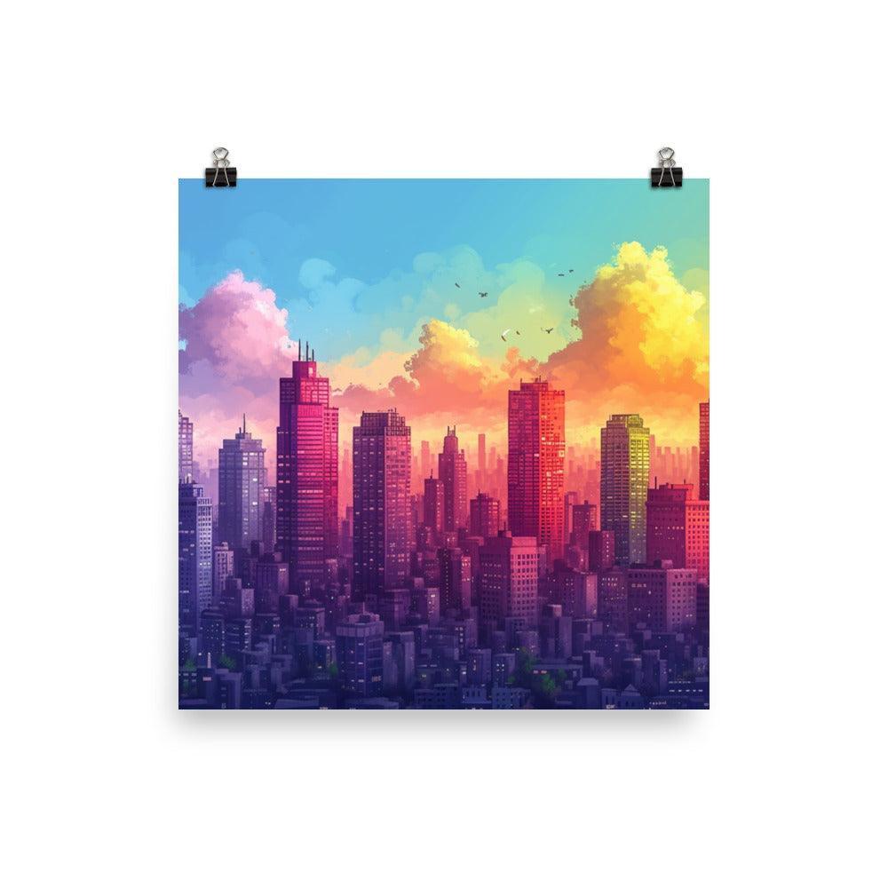 Colorful Mega City Skyline with Sunrise Sky Drawing Style Poster - Oh Posters