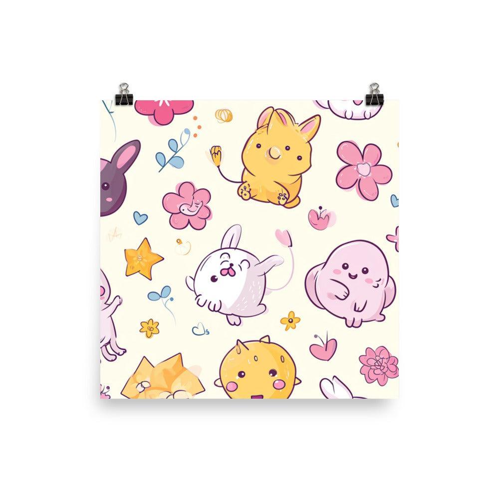 Kawaii Abstract Animals and Flowers on Pastel Wonderland Poster - Oh Posters